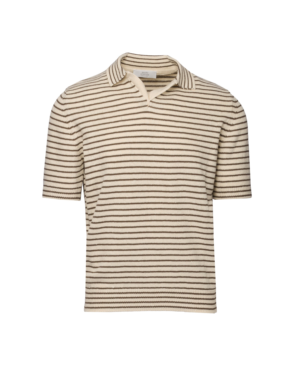Knit polo shirt with stripes and Cuban collar, slim fit