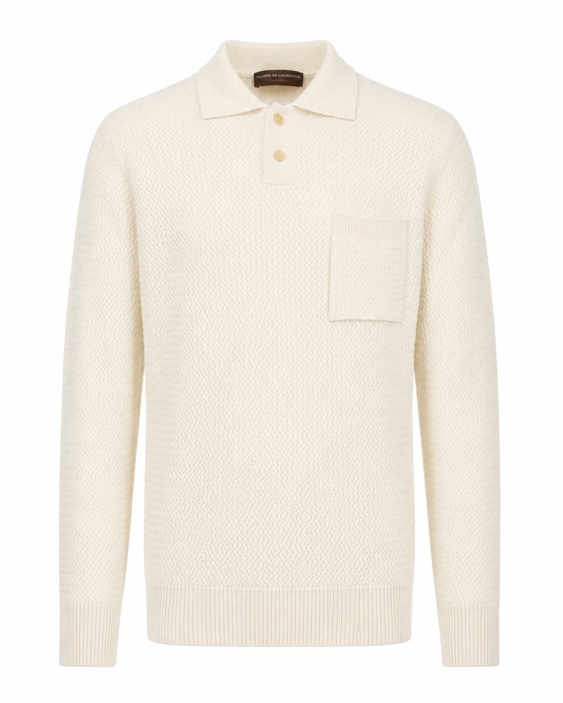 Cream-colored knitted polo shirt made of merino wool and cashmere