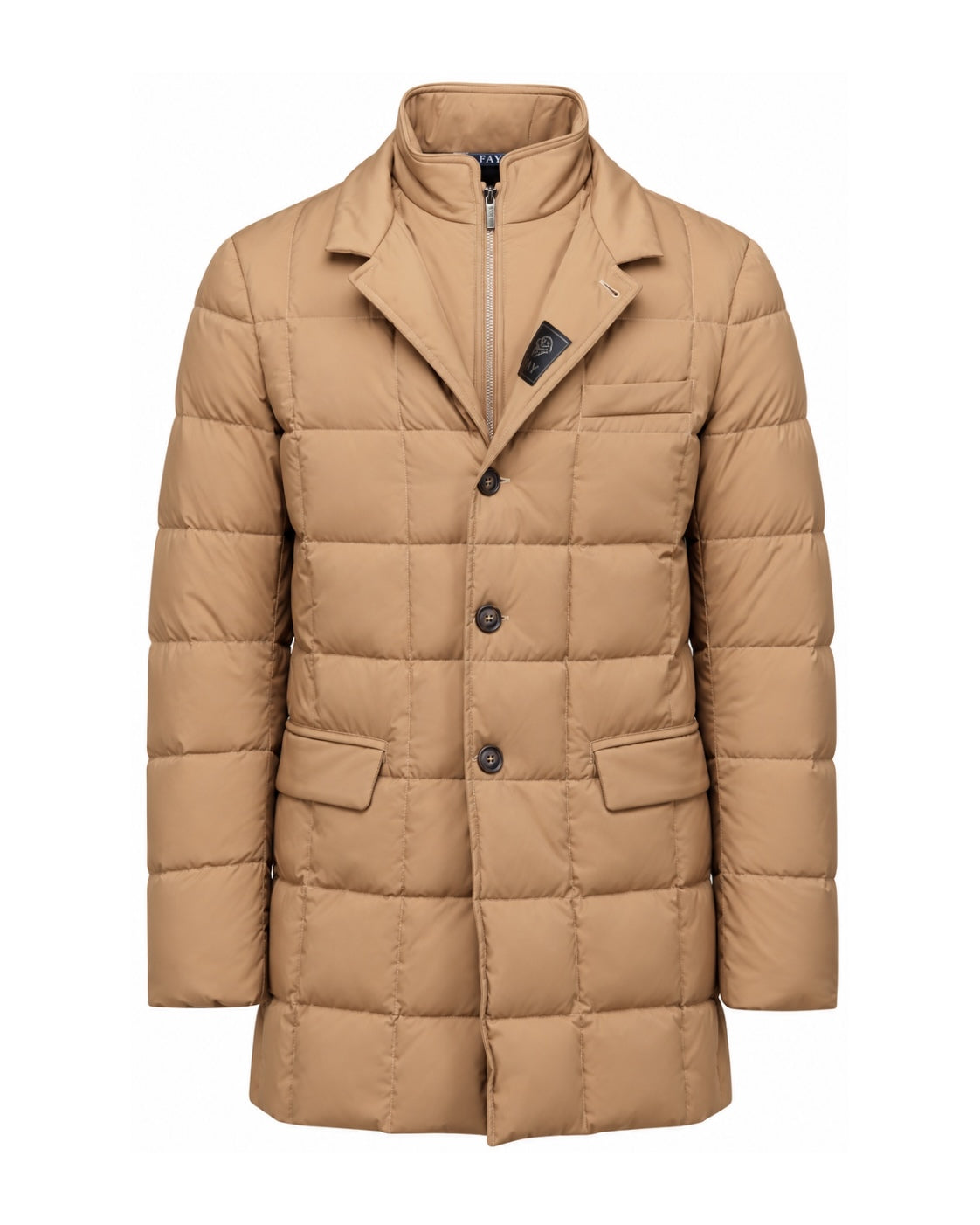 Long down-filled jacket in camel, regular fit