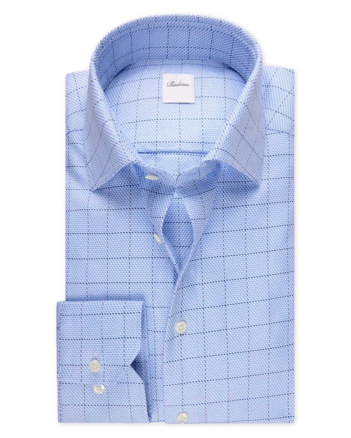 Light-blue checked twofold cotton twill shirt