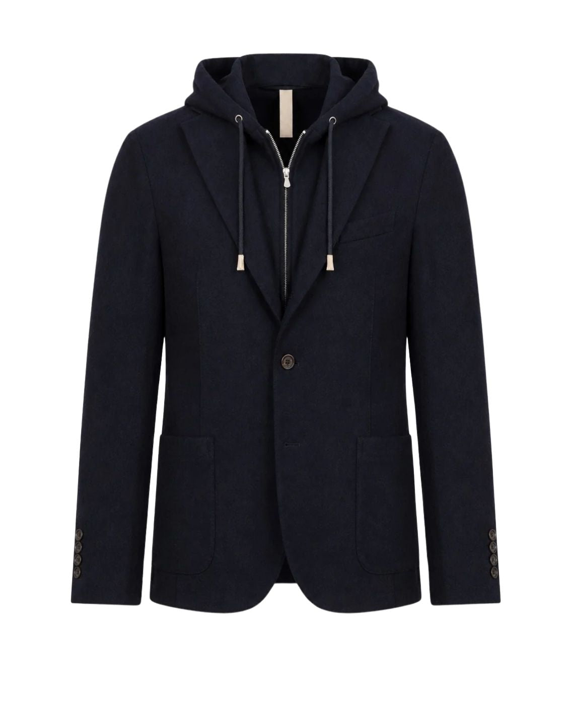 Dark blue wool blazer with hood insert