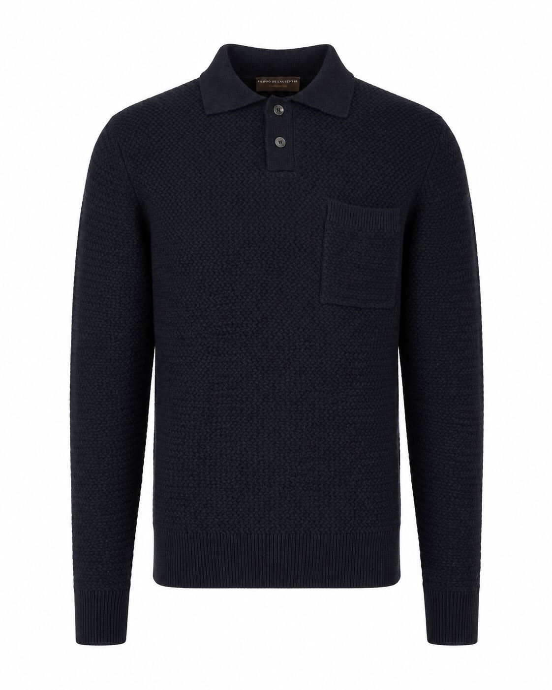 Dark blue knitted polo in merino wool and cashmere