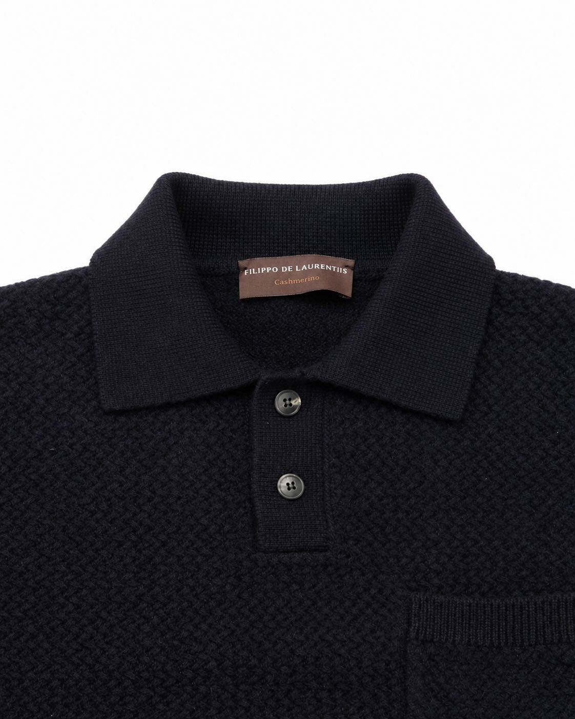 Dark blue knitted polo in merino wool and cashmere