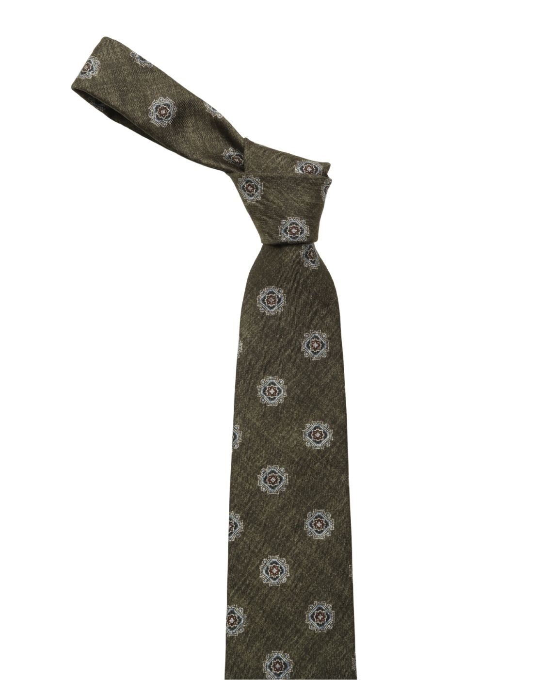 Olive Green Silk Tie MARTIN with Medallion Pattern