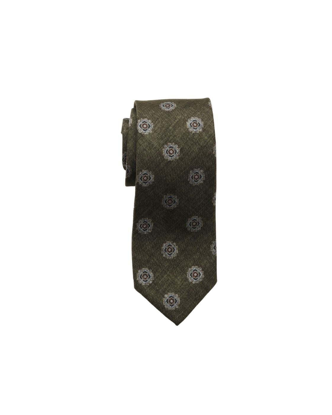 Olive Green Silk Tie MARTIN with Medallion Pattern