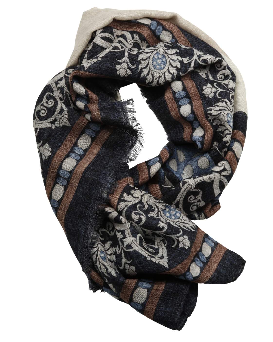 Dark blue wool scarf GRAZ with ornamental border pattern