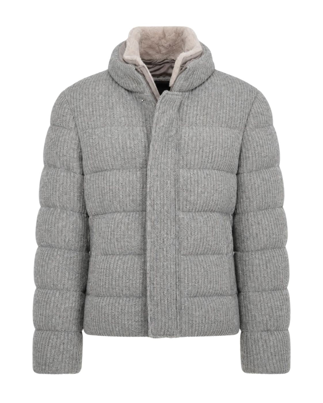 Grey wool jacket with stand-up collar