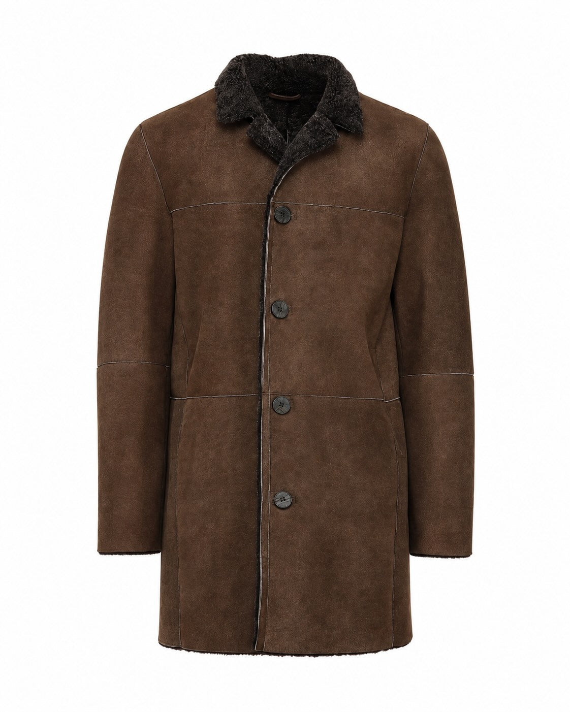 Long jacket made of sheepskin and real fur in dark brown