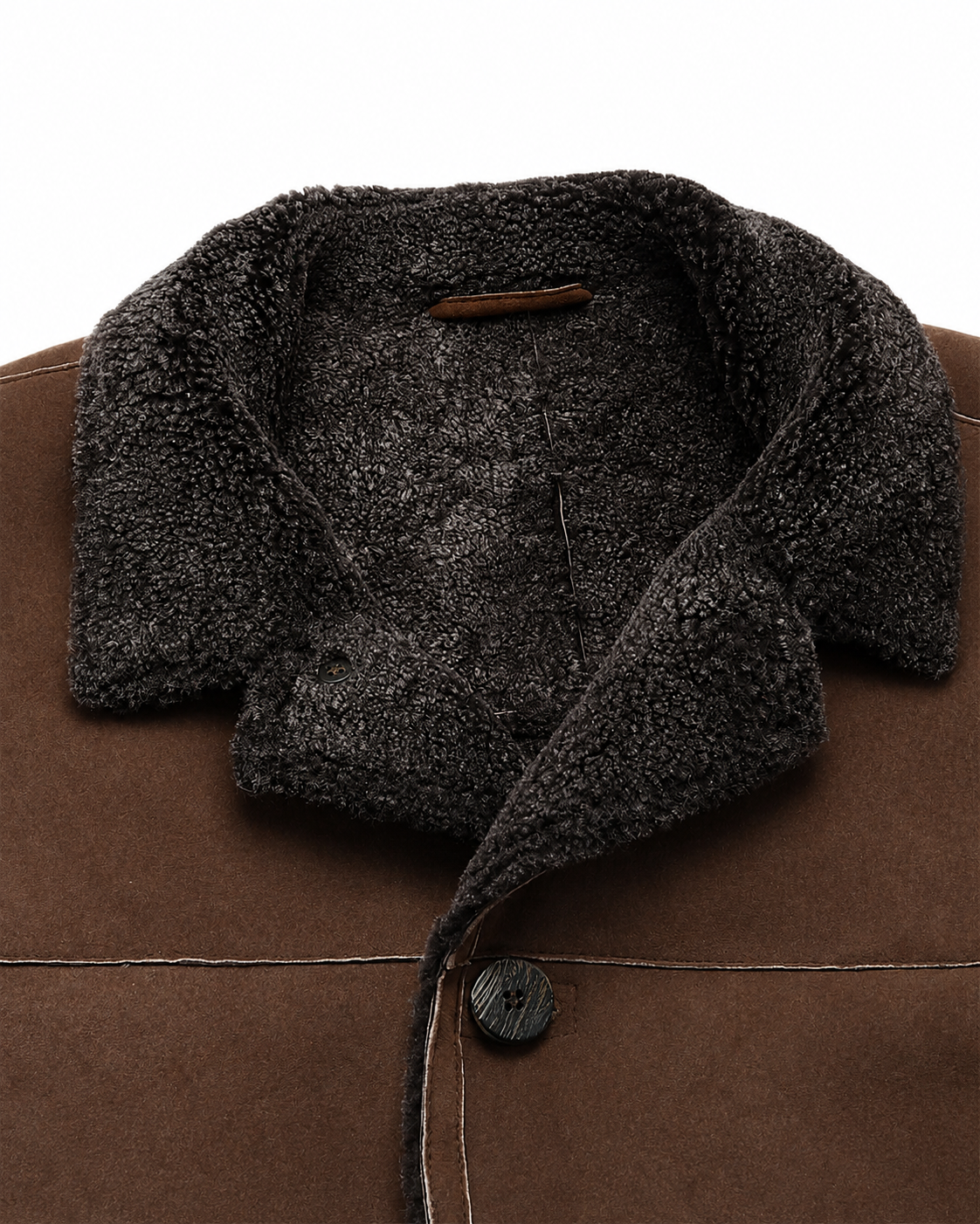 Long jacket made of sheepskin and real fur in dark brown