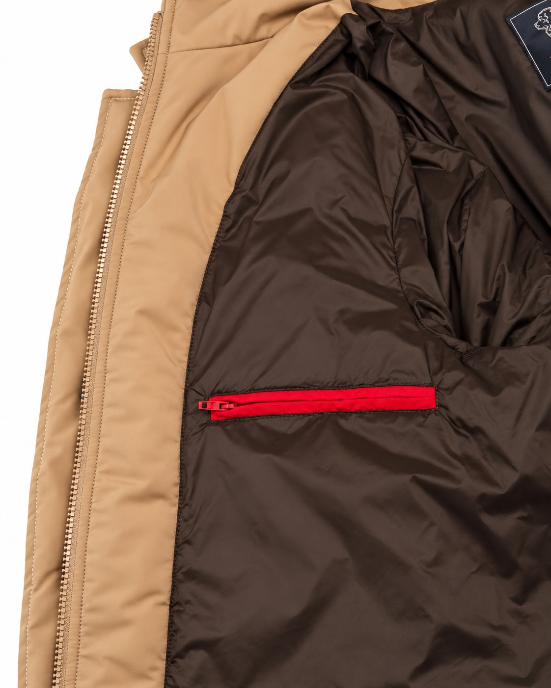 Long down-filled jacket in camel, regular fit