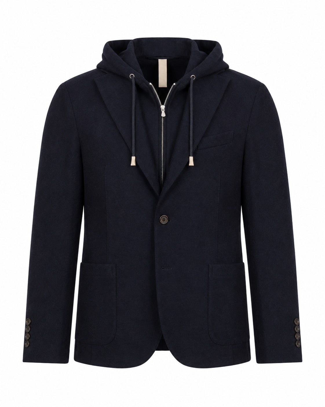 Dark blue wool blazer with hood insert