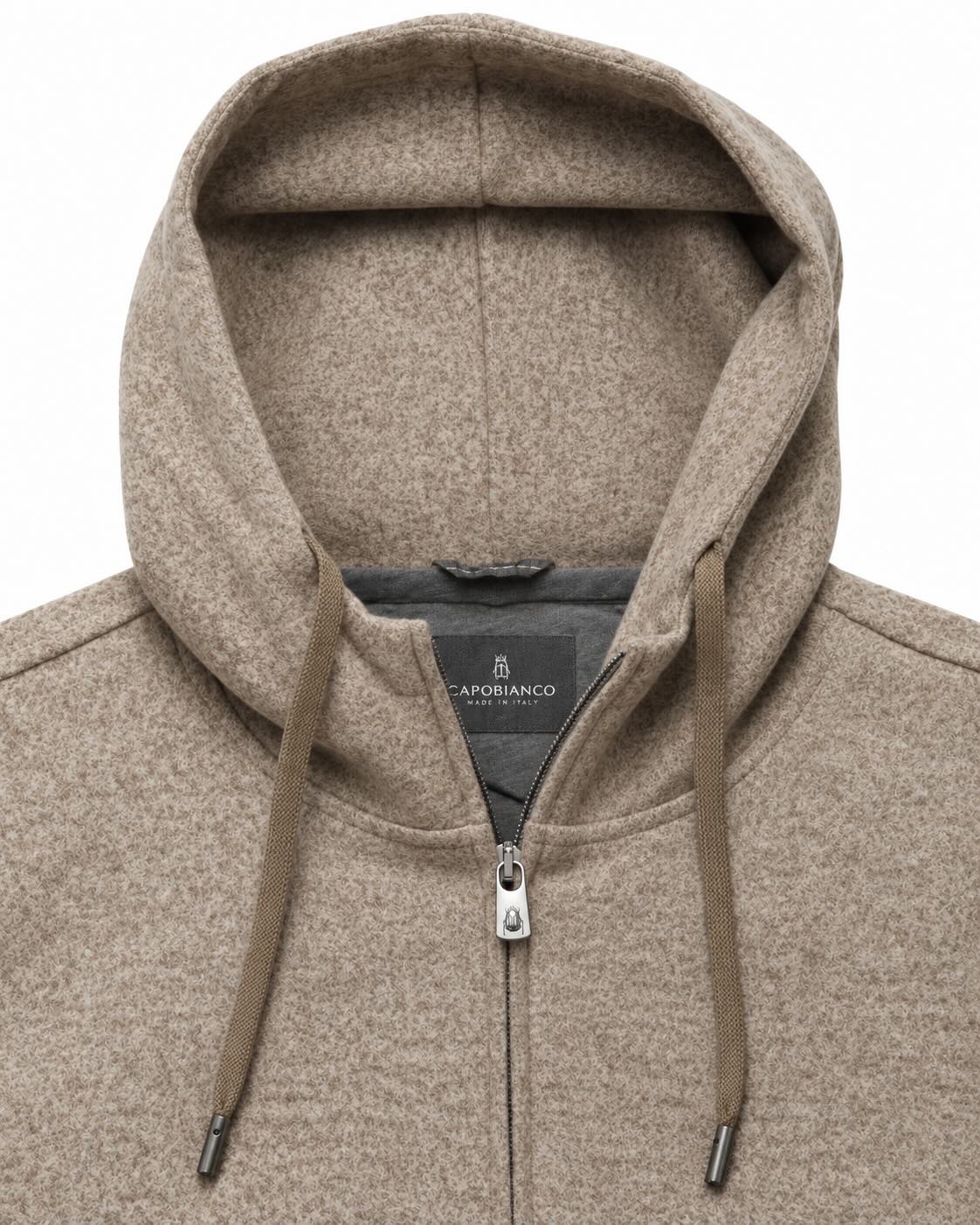 Hooded jacket in cotton and wool in beige