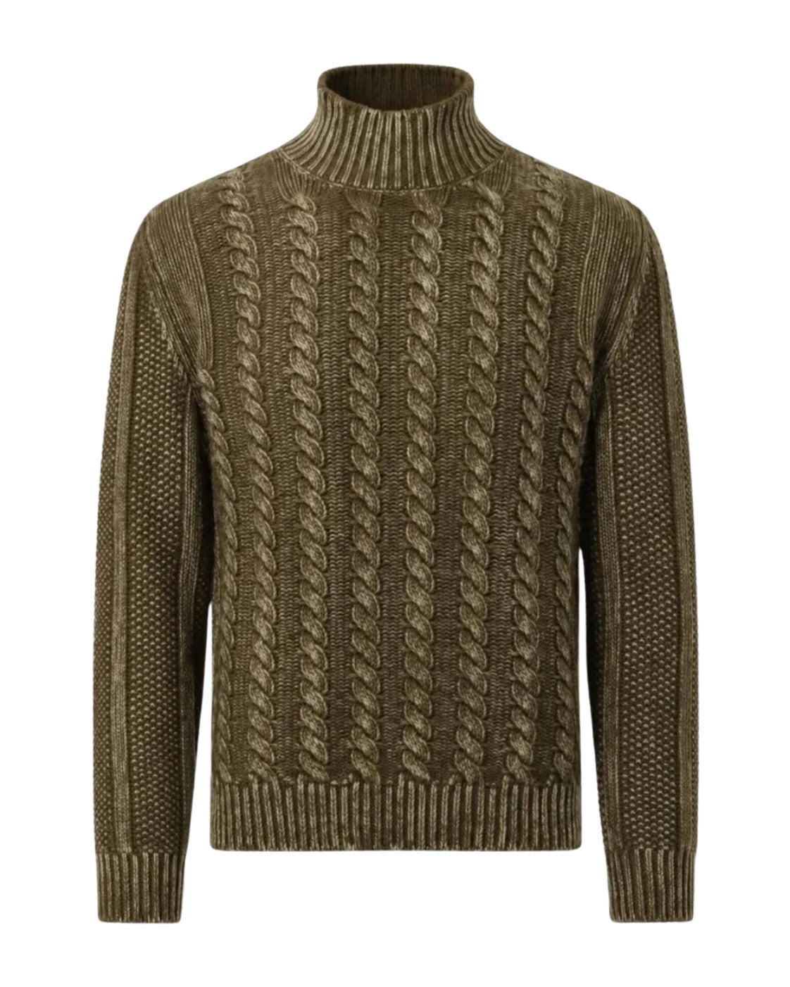 Olivbrauner Rollkragenpullover aus Wolle mit Zopfmuster